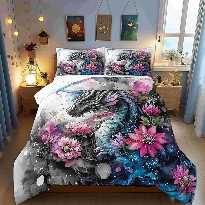 Verified Castle Fairy Chinese Loong 3 Pcs Queen Size Comforter Set Wild Animals Dragon Down Adults Room Decor Retro Flower Ink Wash Painting Ultra Soft Microfiber Inner Fill 3Pcs Bedding Eco-Friendly