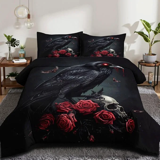 Easy-to-Use Black Crow Red Rose Skull Comforter Set King Size Halloween Gothic Roses Skeleton Bedding Set Holiday Decoration Bedding Black Floral Bird Down Comforters Soft Microfiber Comforter Sets Reliable