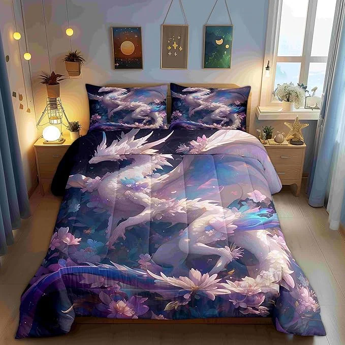 Exclusive Dragon Boys Girls Comforter Set Watercolor Flowers Duvet Set for Room Decor Dreamy Cartoon Animals Brushed Microfiber Soft Quilt Cover Full Healthy