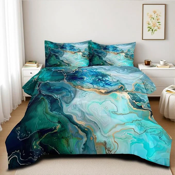 Functional Turquoise Marble Comforter Set Queen Size Teal Blue Abstract Bedding Set Women Men Modern Aesthetic Comforters 3 Piece Gold Marbling Art Bed Sets Soft Lightweight Microfiber Comforter Sets Luxury