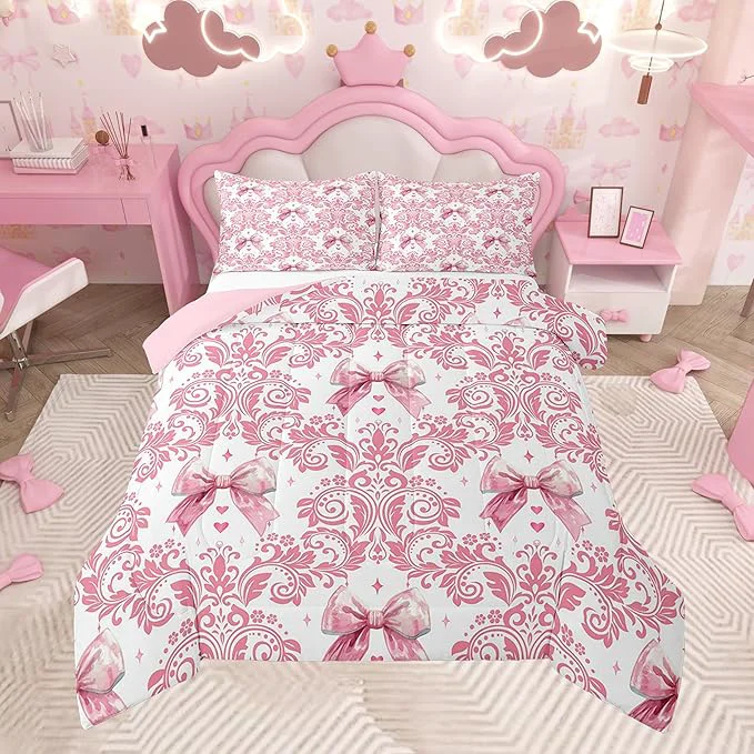 Trusted Feelyou Girls Pink Bowknot Comforter Set King Size Goth Damask Comforter Victorian-Themed Bedding Set Baroque Duvet Set Vintage Floral Quilt Set 3Pcs Clean