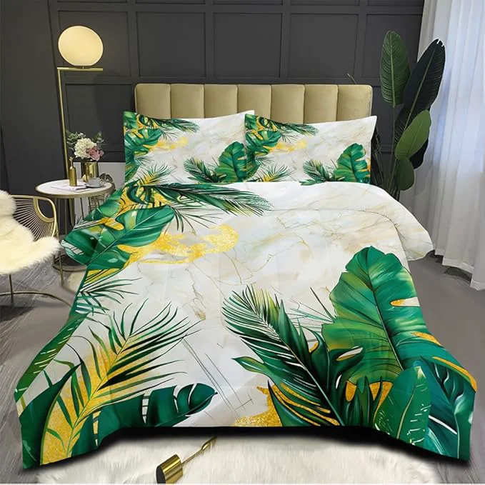 Fashionable Tropical Palm Leaf Comforter Set King 3Pcs White Gold Marble Bedding Set Green Botanical Palm Leaves Bedding Soft Down Comforter Sets with 2 Pillowcases Classic