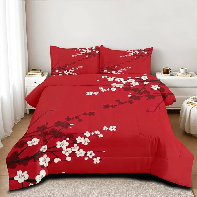 Practical Red Oriental Comforter Set Queen Size Japanese Style Cherry Blossom Bedding Set for Girls Kids Teens 3 Pieces Asian Vintage Floral Bedding Soft Lightweight Comforter with 2 Pillowcases Original Design
