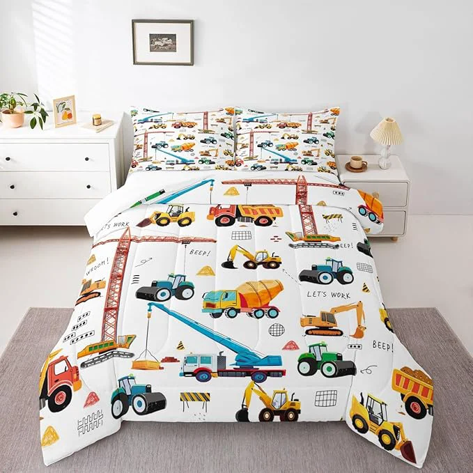 Reliable Tractor Comforter Excavator Machinery Trucks Bedding Set Full Size Construction Vehicle Down Comforter Bulldozer Crane Equipment Truck Quilt Set For Child Teens 3Pcs Bedroom Decor Yellow Green Safe