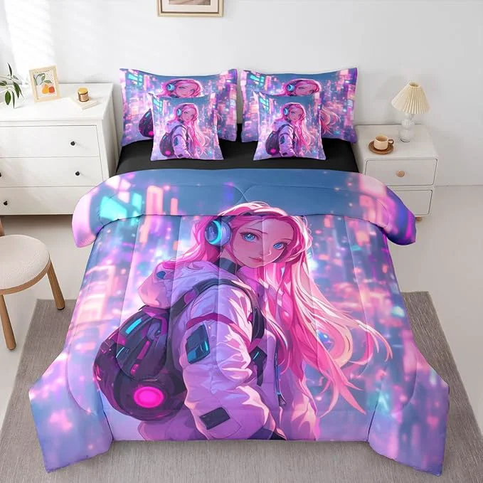 Enhanced Erosebridal Anime Girl King Comforter Set 7 Piece Japanese Style 3D Anime Bedding Set for Kids Girls Boys Room Decor Sci Fi Style Gaming Bed in A Bag Hot Pink Colorful Bed Bed Set Comfortable