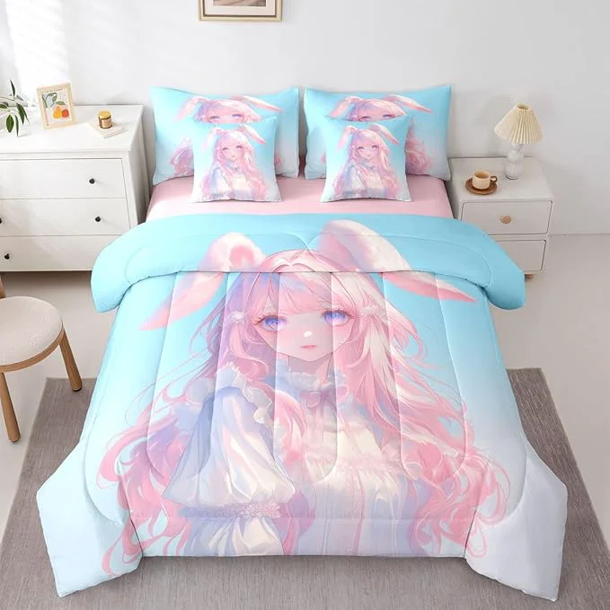 High-Grade Erosebridal 3D Anime Girl Bedding Set Japanese Girl Bed in A Bag Cartoon Anime King Comforter Set 7 Piece for Kids Teen Women Room Decor Pink Kawaii Rabbit Doll Blue Bed Set Verified