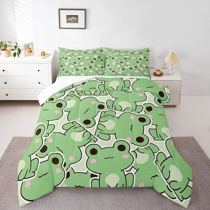 Efficient Cute Frog Comforter Set King Size Kawaii Frog Bedding Set For Kids Boys Girls Teens Green Wild Animals Farmhouse Down Comforter Wildlife Rustic Funny 3Pcs Quilted Duvet All Season Bedroom Decor User-Friendly