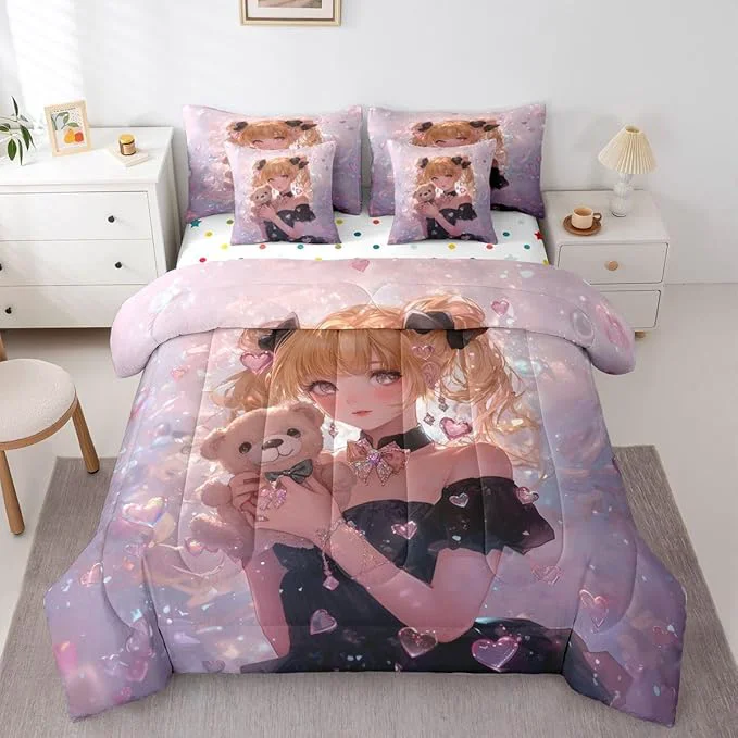 Recyclable Erosebridal Bow Girls Bedding Set Pink Kawaii Cartoon Anime Kids Twin Comforter Set 7 Piece Romantic Aesthetic Princess Bed in A Bag Japanese Style Girl Bed Set Flexible