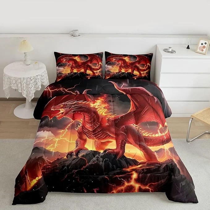 High-Quality Castle Fairy Dragon Comforter Set King Size Red Flame Dragons Down Adults Bedroom Decor Wild Animals Cool al Style Ultra Soft Microfiber Inner Fill 3Pcs Bedding User-Friendly