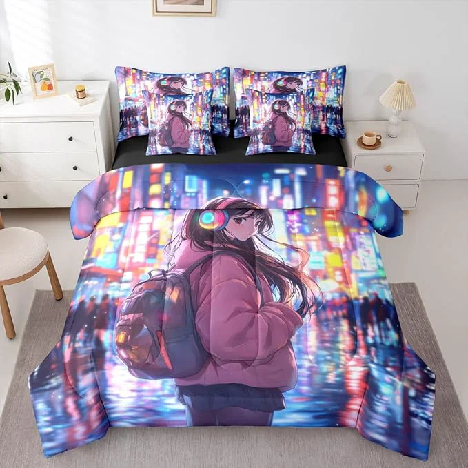 First-Class Erosebridal Cool Anime Girl Bedding Set Japanese Style Kids Full Comforter Set 7 Piece 3D Cartoon Girly Anime Bed in A Bag Sci Fi Style Gaming Sheet Set with Comforter Room Decor High-Quality