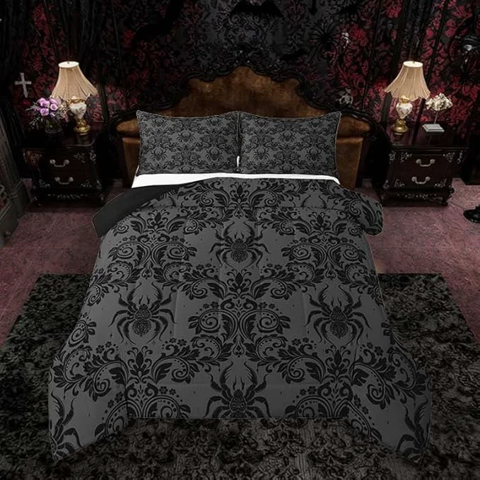 World-Class Feelyou Adults Gothic Comforter Set Queen Size Dark Olive Green Damask Bedding Set for Kids Boys Girls Spider Duvet Quilt Bedroom Decor Microfiber 3 Pcs with 2 Pillow Cases Outstanding