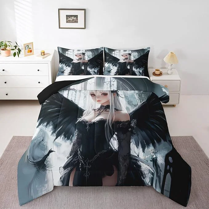 Traditional Erosebridal Anime Girl Bedding Set King Size Kawaii Japanese Anime Comforter for Kids Boys Teens Adult Cartoon Girl Quilt Japan Animation Bedroom Decor Machine Washable Black White Stylish