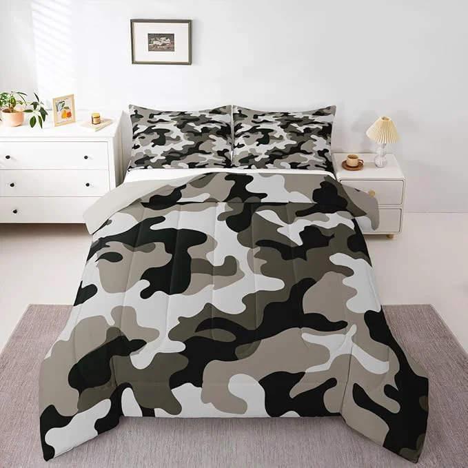 Pure Camouflage Comforter Set Grey Camo Bedding Sets Queen Size Militarily Army Down Comforter For Boys Teens Men Adult Tie Dye Retro Geometric Warm Soft Quilted Duvet 3Pcs Bedroom Decor All Season Minimalist