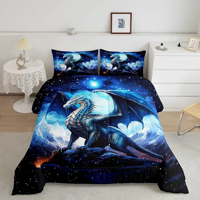 Breathable Dragon Comforter Set Queen Size Snow Mountain Starry Sky Galaxy Bedding Set for Kids Boy Men Teens Room Decor Glitter Star Trippy Duvet Insert 3Pcs Western al Animal Blue Quilt Set 2 Pillowcases Natural