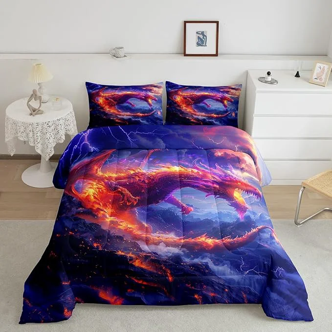 Clean Fire Dragon Comforter Set Queen Size Galaxy Starry Sky Flame Dragon Bedding Set Kids Girls Boys Teens Bedroom Decor Western al Style Quilt Set Lightning Wild Animals Duvet Insert 2 Pillowcases Long-Lasting