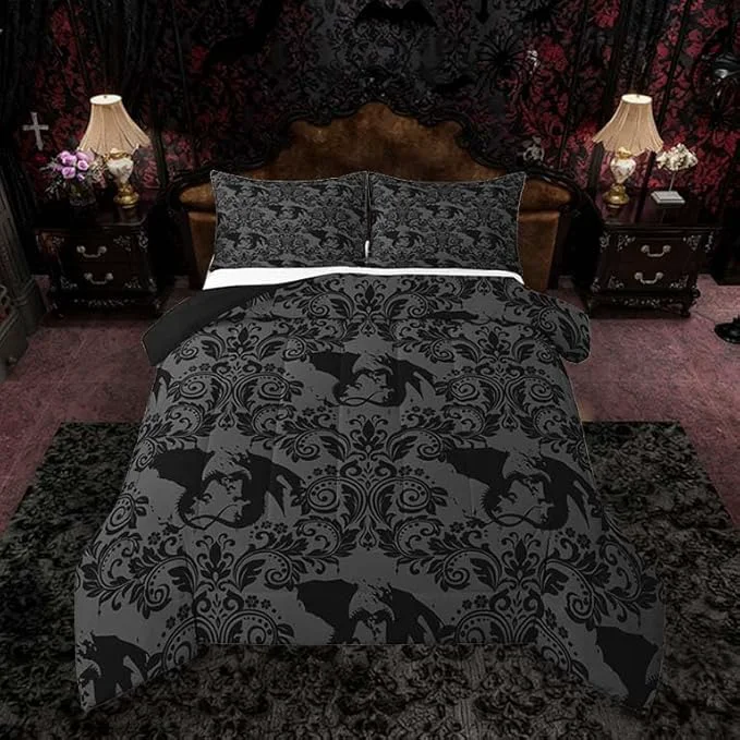 Next-Generation Feelyou Adults Gothic Kids Comforter Set King Size Dark Olive Green Damask Bedding Set Dragon Duvet Quilt for Kids Boys Girls Bedroom Decor Microfiber Ultra Soft Breathable Consistent