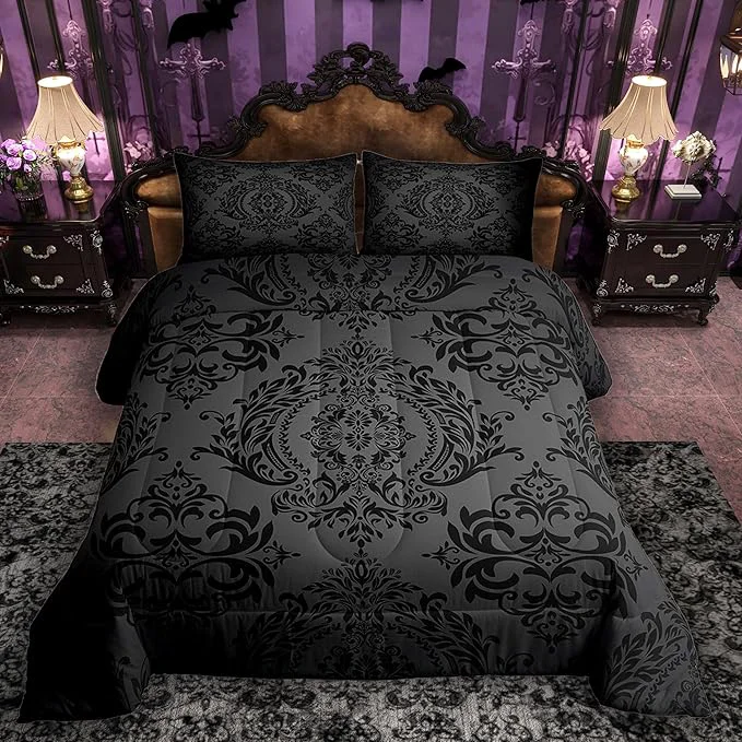 Quality Feelyou Adults Black Vintage Damask Floral Comforter Set Oriental Antique Comforter Twin Size Gothic Bohemia Boho Floral Bedding Set Bohemian Exotic Duvet Set Quilt Set 2Pcs Durable