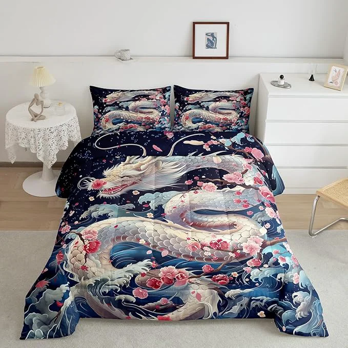 Optimized Dragon Bedding Set Queen Size Pink Cherry Blossom Japanese Ukiyoe Comforter Set Kids Girls Boys Teens Bedroom Decor Ocean Sea Wave Quilt Set Western Wildlife White Dragon Duvet Insert 2 Pillowcases Detailed