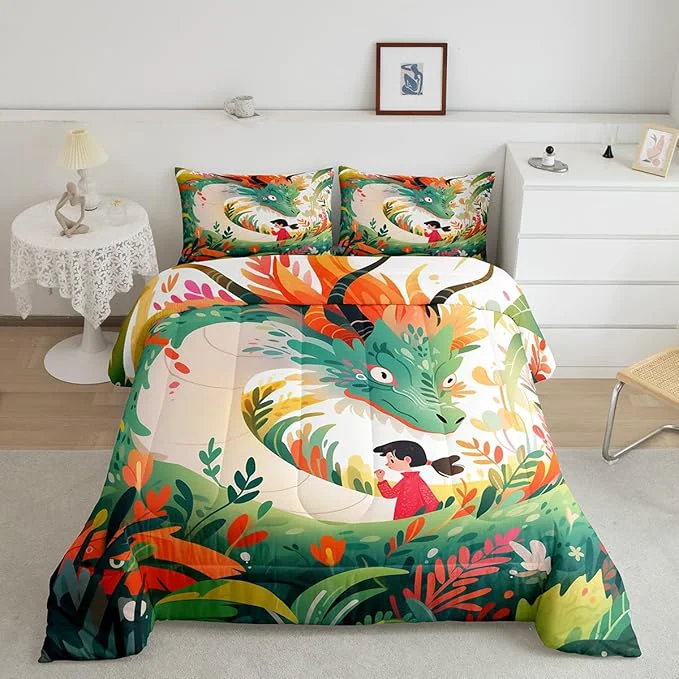 Healthy Dragon Cute Girl Comforter Set King Size Cartoon Floral Green Weed Bedding Set for Kids Boys Teens Room Decor Colorful Flower Animals Duvet Insert 3Pcs Watercolor Fantasy Quilt Set 2 Pillowcases Fine