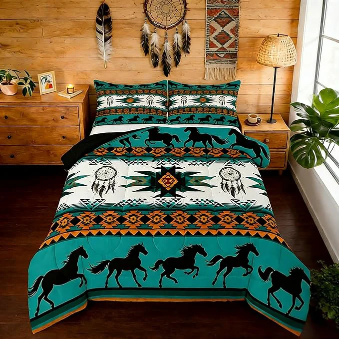 Environmentally Friendly Feelyou Boho Comforter Set Twin Size Southwestern Native Aztec Comforter Bohemian Dream Catchers Bedding Set Horses Duvet Set Room Decor Azure Quilt Set Classic