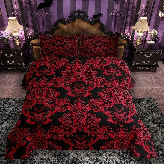 Effective Feelyou Adults Red Vintage Damask Floral Comforter Set Oriental Antique Comforter Queen Size Gothic Bohemia Boho Flower Bedding Set Gothic Skull Duvet Set Quilt Set 3Pcs Official
