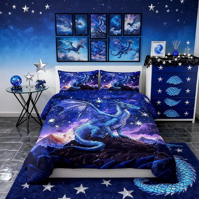 Crafted Dragon Comforter Set King Size Starry Sky Mountains Bedding Set for Kids Girls Boys Room Decor Blue Purple Western al Quilt Set 3Pcs Wild Animal Trippy Duvet Insert 2 Pillowcases Luxury