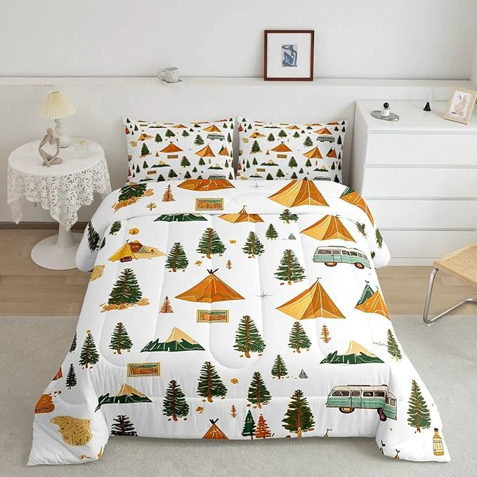 Traditional Feelyou Camping Comforter Set King Size Vintage Comforter Camper Accessories for Travel Trailers Bedding Set Camper Duvet Set Room Decor Ivory Quilt Set Premium Material