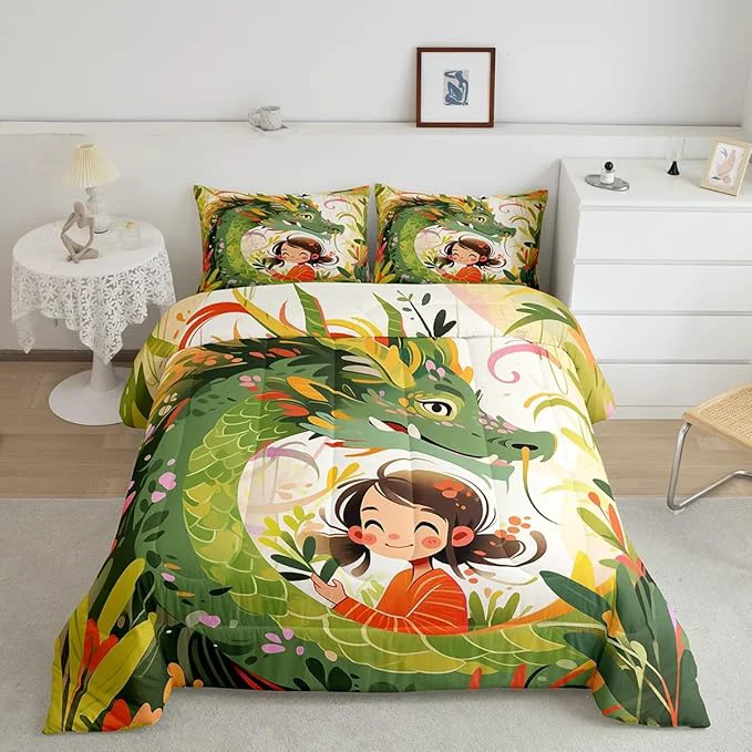 Genuine Dragon Bedding Set Nature Botanical Floral Leaves Comforter Set Full Size for Kids Boys Girls Green Pink Western al Quilt Set Room Decor Wild Animals Cartonn Cute Style Duvet Insert 2 Pillowcases Selected