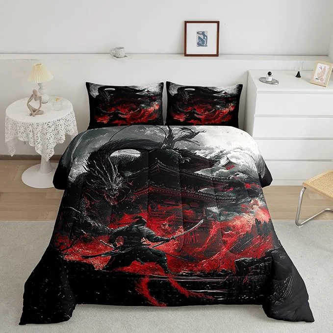 Reliable Feelyou Dragon Comforter Set Full Size Japanese Style Comforter for Boys Girls Teens Samurai Bedding Set Dragon Decor Duvet Set Room Decor Black Red Quilt Set Certified