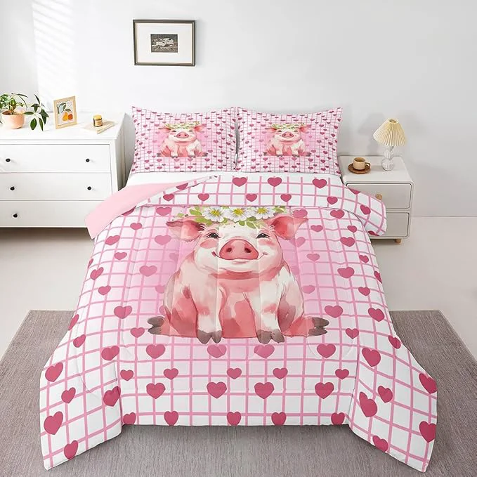 Secure Cute Pig Bedding Set King Cherry Blossoms Comforter Set For Girls Kids Cartoon Pet Animal Duvet Set Pink Grid Heart Pattern Lattice Quilted Duvet Farmhouse Bedding Comforters All Season User-Friendly