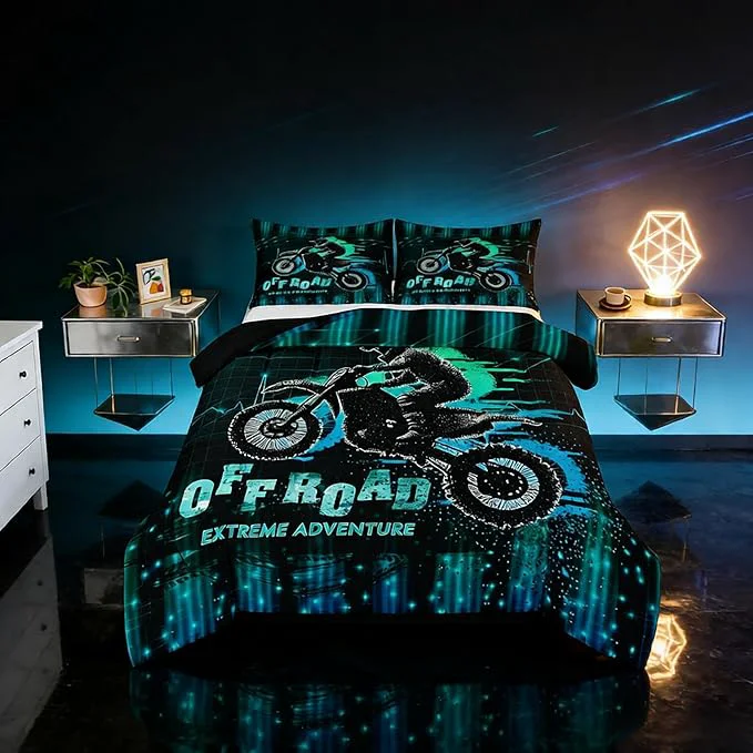 Sustainable Feelyou Dirt Bike Comforter Set Queen Size Extreme Sports Comforter Racing Motocross Rider Bedding Set Motorcycle Duvet Set Room Decor Blue Green Quilt Set Dependable
