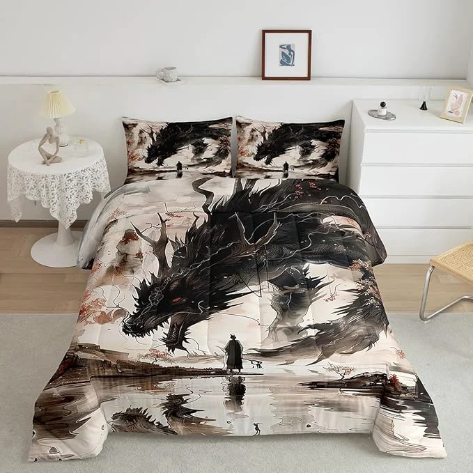 Enhanced Feelyou Dragon Comforter Set Toddler Size Japanese Style Comforter for Boys Girls Teens Samurai Bedding Set Japanese Ukiyoe Duvet Set Room Decor Black Beige Quilt Set Powerful