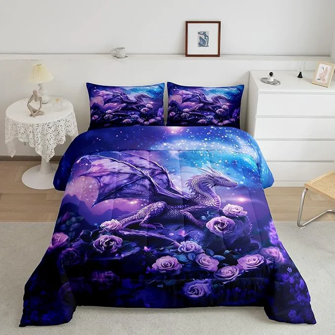 High-End Dragon Comforter Set Full Size Purple Nebula Galaxy Bedding Set for Kids Boys Girls Room Decor Western al Dragon Microfiber Quilt Set Starry Sky Rose Flower Duvet Insert 3Pcs 2 Pillowcases Top-Quality