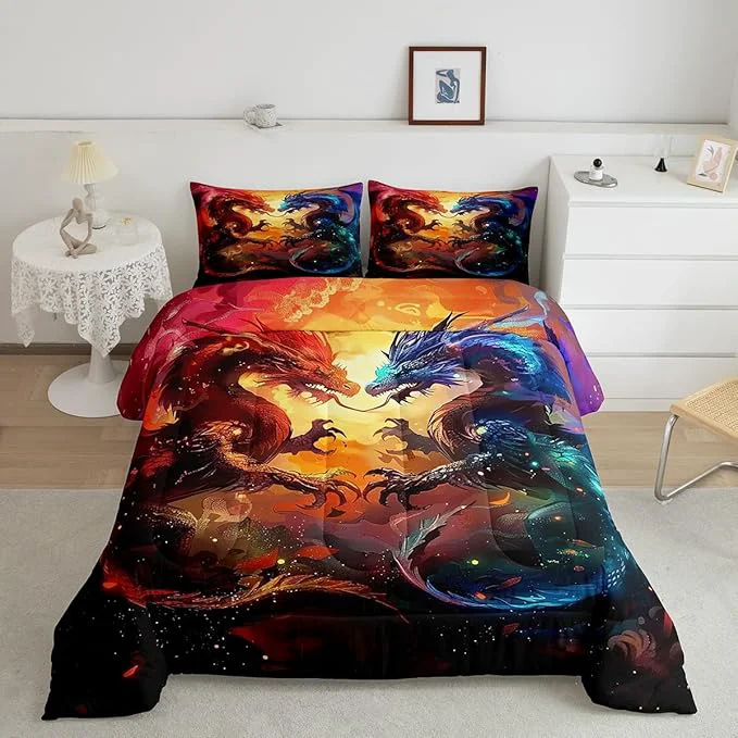 Soft Feelyou Dragon Comforter Set King Size Western Dragon Comforter for Boys Girls Teens Wildlife Bedding Set Wild Animal Duvet Set Room Decor Dark Orange Quilt Set Functional