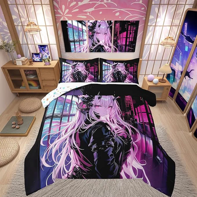 Natural Erosebridal Japanese Anime Bedding Set Full Size Anime Girl Comforter Set Kawaii Japanese Style Duvet Insert Cartoon Japan Animation Quilt for Boys Teens Adult Women Bedroom Decor Efficient
