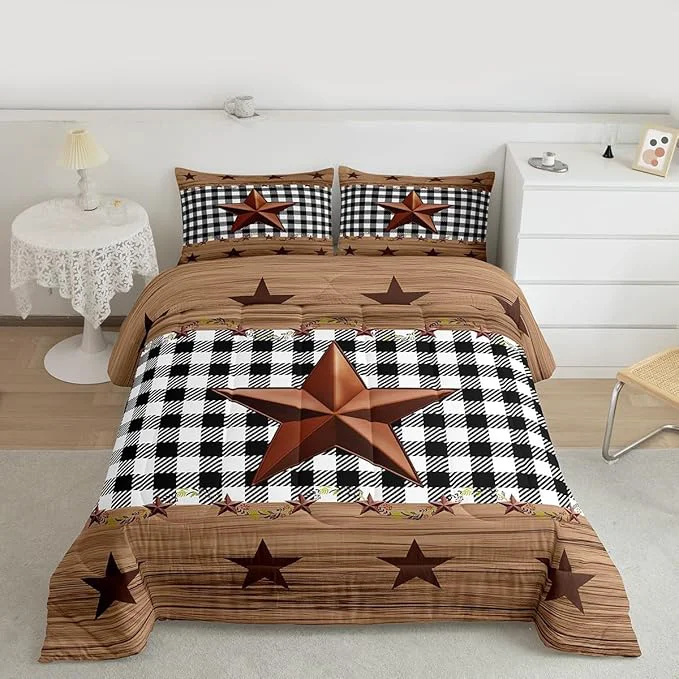 Natural Western Texas Star Comforter Set Queen Farmhouse Black Plaid Bedding Brown Vintage Country Star Bedding Comforter Sets Retro Rustic Checked Grid Bedroom Decor Wooden Grain Quilt For Kids Boys Girls High-Performance