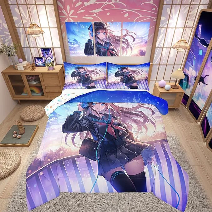 Breathable Erosebridal Anime Girl Bedding Set King Size Japanese Anime Comforter Set for Kids Boys Teens Bedroom Decor Cartoon Girl Duvet Insert Kawaii Japanese Animation Quilt with 2 Pillow Cases Certified