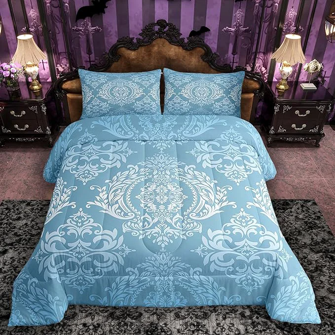 Exclusive Feelyou Adults Blue Vintage Damask Floral Comforter Set Oriental Antique Comforter Twin Size Gothic Bohemia Boho Floral Bedding Set Bohemian Exotic Duvet Set Quilt Set 2Pcs World-Class
