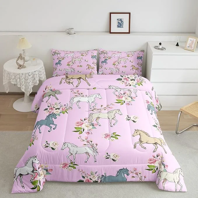 Natural Erosebridal Horse Comforter Set King Rose Bedding Set for Girls Boys Kids Teens Western Cowboy Cowgirls Wild Animal Floral Down Comforter Cute Horses Flower Duvet Insert Lightweight Pink Fast