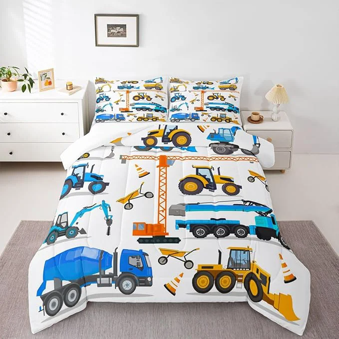 Proven Excavator Comforter Set Queen Tractor Bedding Set For Teens Child Construction Trucks Down Comforter Yellow Blue Machinery Vehicle Equipment Truck Room Decor Forklift Bulldozer Crane Quilted Duvet Prestigious