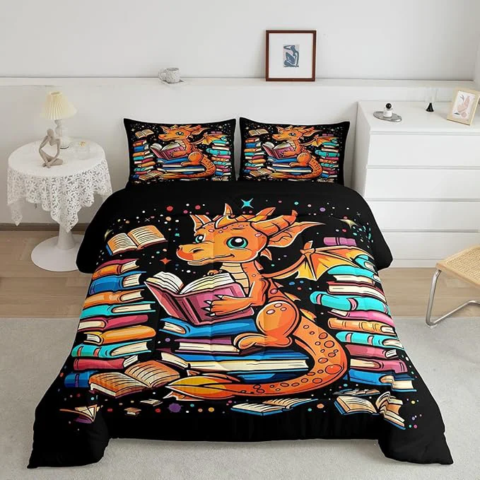 Secure Western Dragon Bedding Set Full Size Glitter Star Polka Dot Comforter Set for Kids Boys Girls Room Decor Book Cartoon Animal Pattern Duvet Insert 3Pcs Wildlife Black Quilt Set 2 Pillowcases Practical