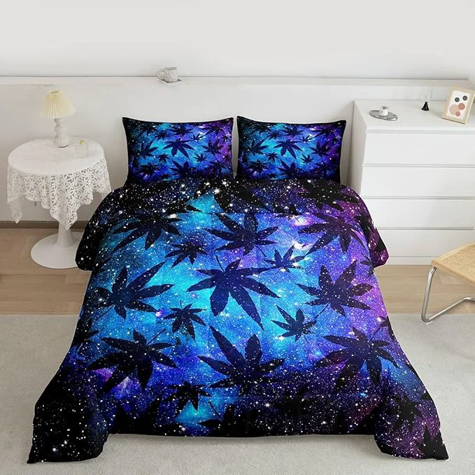 Professional Erosebridal Leaves Comforter Set Teens Galaxy Bedding Set Twin for Women Men Youth Soft Chic Purple Blue Duvet Set Room Decor Quilt Set Natural
