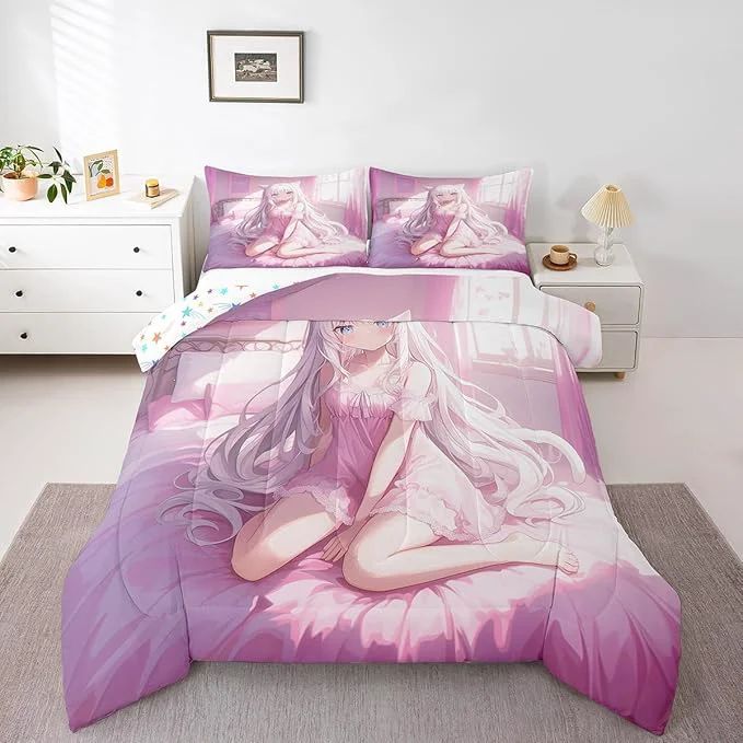 Classic Erosebridal Full Size Japanese Anime Comforter Set for Kids Anime Girl Bedding Set Kawaii Japanese Style Quilt Cartoon Japan Animation Duvet Insert for Boys Teens Adult Women Bedroom Pink Fine
