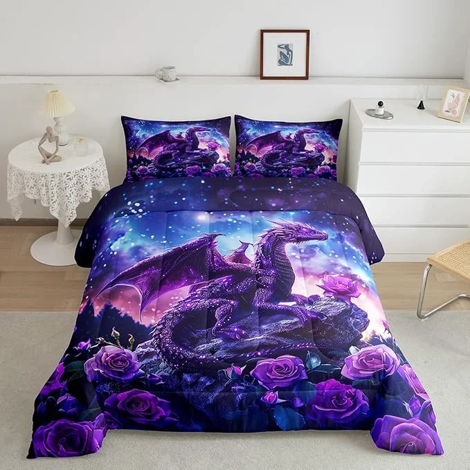 Comfortable Purple Dragon Comforter Set King Size Blossom Flower Rose Bedding Set for Kids Boys Girls Room Decor Galaxy Starry Sky Nebula Duvet Insert 3Pcs Glitter Retro Wild Animal Quilt Set 2 Pillowcases Enhanced