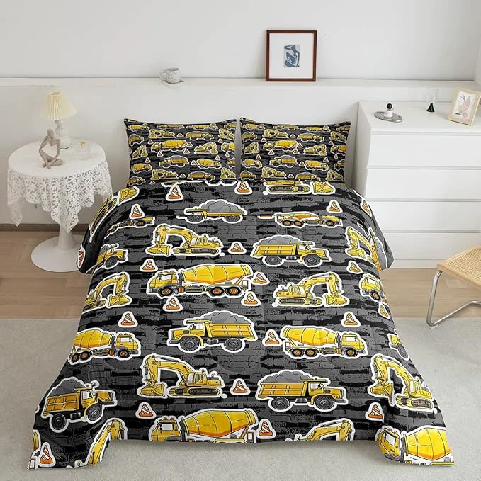 Proven Erosebridal Excavator Comforter Set Queen Concrete Truck Pattern Bedding Set Child Teens Construction Down Comforter for Kids Boys Cartoon Toy Cars Quilt Set Bedroom Decor Grey Outstanding