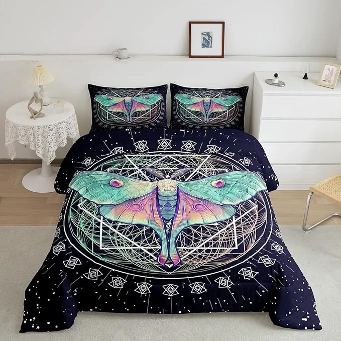 Unique Erosebridal Moth Comforter Butterfly Bedding Set Queen Size Gothic Decor Down Comforter Geometric Comforter Set Halloween Duvet Set for Kids Boys Girls Teens Room Dorm Decorative Navy Blue Sophisticated