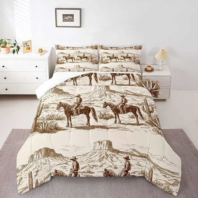Safe Wild West Comforter Set Full Cowboys Bedding For Man Teens Boy American Western Desert Hunting Horse Riding Bedding Comforter Sets Hand Drawn Illustration Mountain Cactus Room Decor Duvet Insert Optimized
