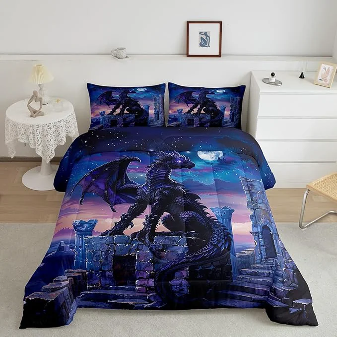 Crafted Feelyou Dragon Comforter Set Toddler Size Moon Light Dragon Comforter for Boys Girls Teens Gothic Bedding Set Wildlife Duvet Set Room Decor Acid Blue Quilt Set Clean