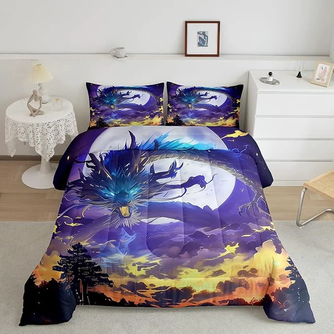Selected Fire Dragon Comforter Set King Size Moon Starry Sky Bedding Set 3Pcs Kids Boys Girls Room Decor Volcano Purple Nebula Printed Quilt Set Fantasy Style al Animals Theme Duvet Insert 2 Pillowcases Classic