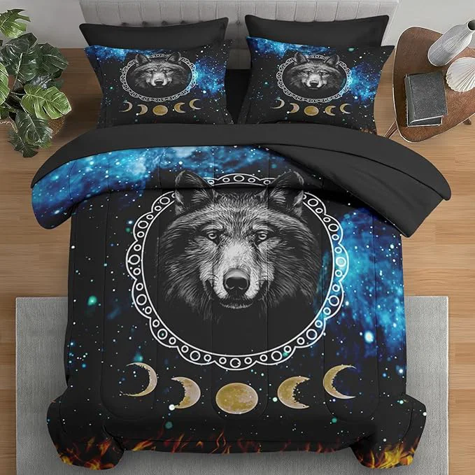 Detailed Comforter Set Twin Size Wolf Animal Dog 5 Pcs Bedding for Kids and Adults Starry Space Galaxy Bed Sheet Sets with Fitted Sheet Pillowcase amp Sham for Bedroom Bed Decor First-Class